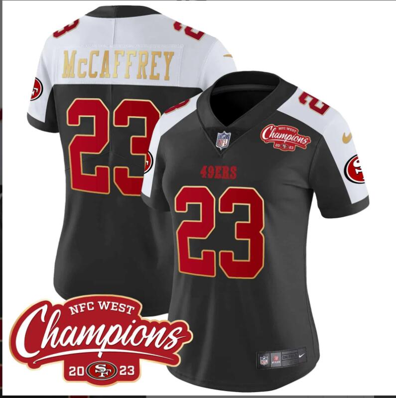 Women San Francisco 49ers #23 Mccaffrey NFC West Champions Gold Trim black 2024 NFL Nike jerseys